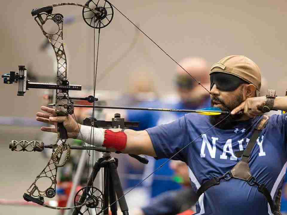 Navy veteran Petty Officer 2nd Class Adrian Mohammed competes as a visually impaired archer during the 2017 Department of Defense Warrior Games July 3, 2017. The DoD Warrior Games are an annual event allowing wounded, ill and injured service members and veterans to compete in Paralympic-style sports. (DoD photo by EJ Hersom)