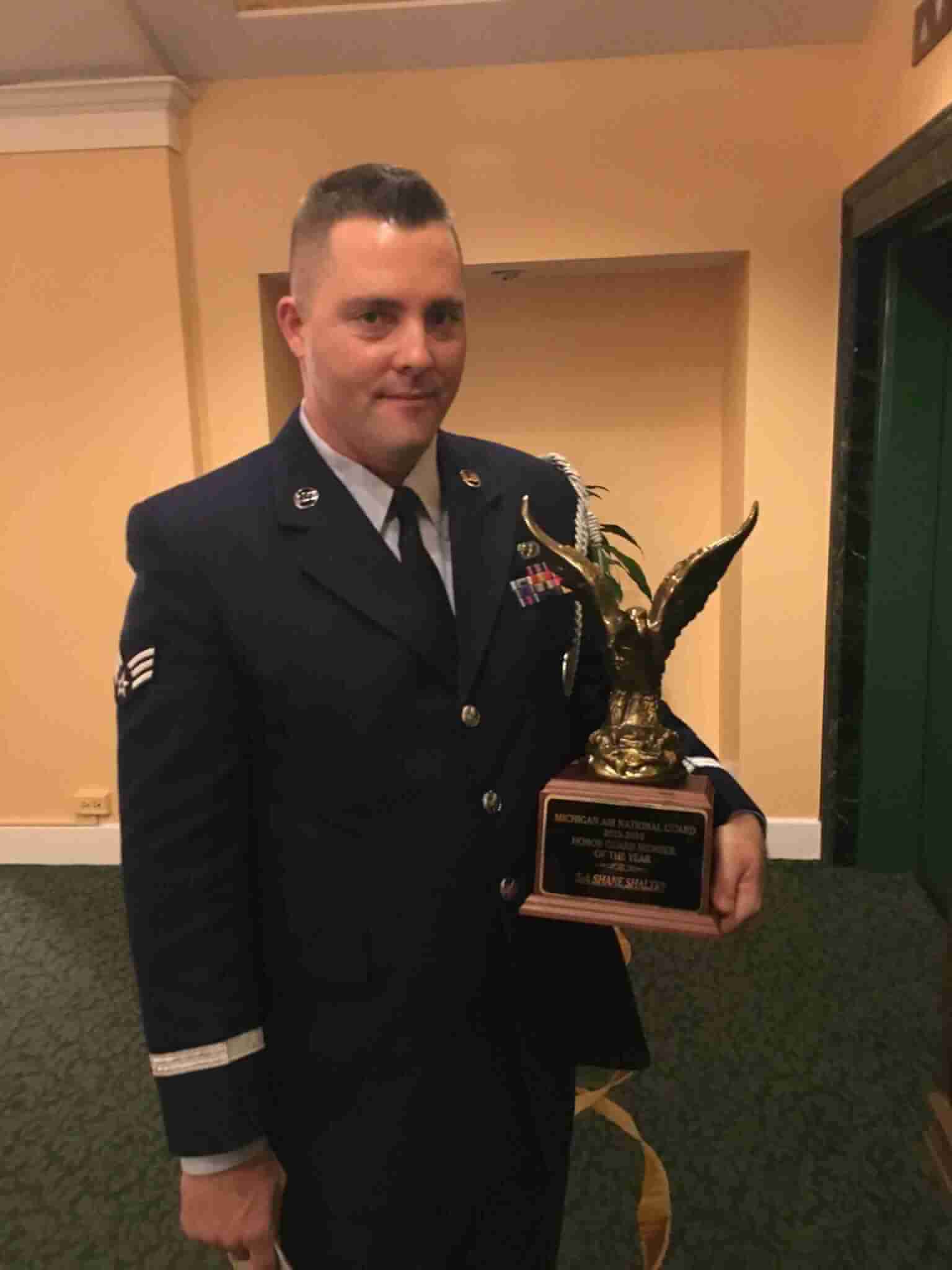 Shane wasn’t the only member of his family to serve in the U.S. Air Force. His brothers, uncles and more all served in the branch. Here he accepts an award for Honor Guardsman Of the Year for Selfridge ANGB and Michigan 2015.